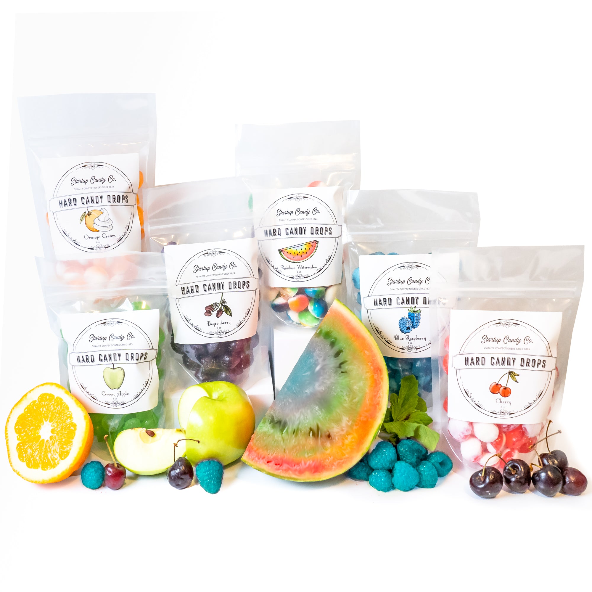 Fruity Favorites 6 Hard Candy Drops - 1 bag each of Rainbow Watermelon, Blue Raspberry, Green Apple, Boysenberry, Cherry, Orange Cream